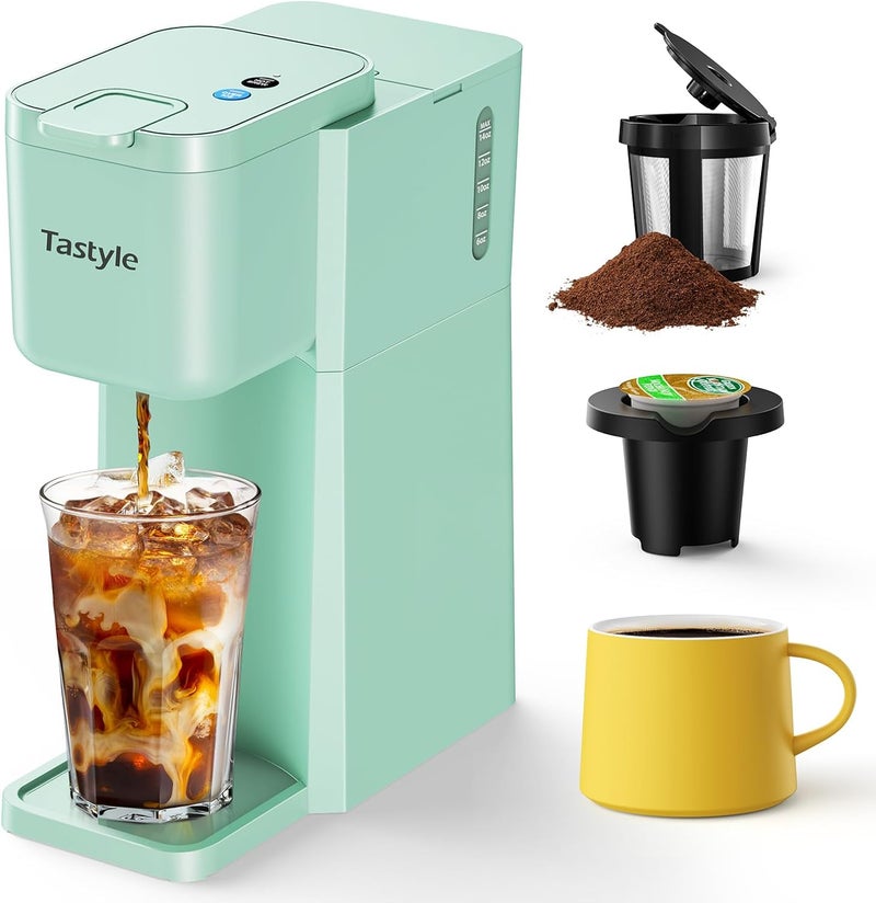 Tastyle Mini Hot and Iced Coffee Maker Single Serve, for K Cup and Ground, 6 to 14 Oz Brew Sizes, with Recipe Book, for Home, Travel, RV, Office and Dorm, Mint - Image 1